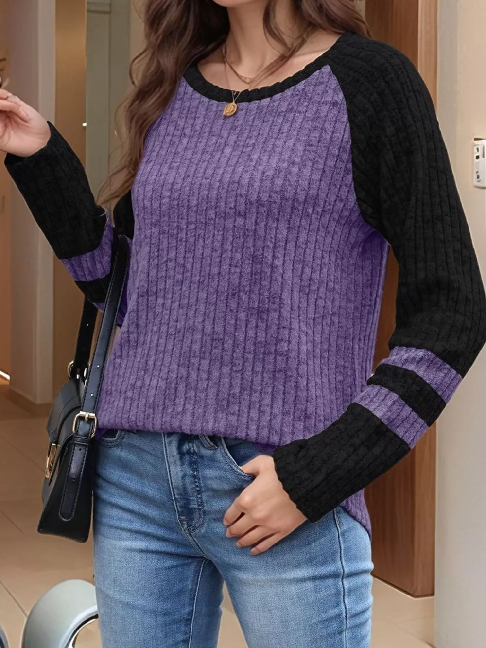 Ribbed Round Neck Raglan Sleeve Top, image 5