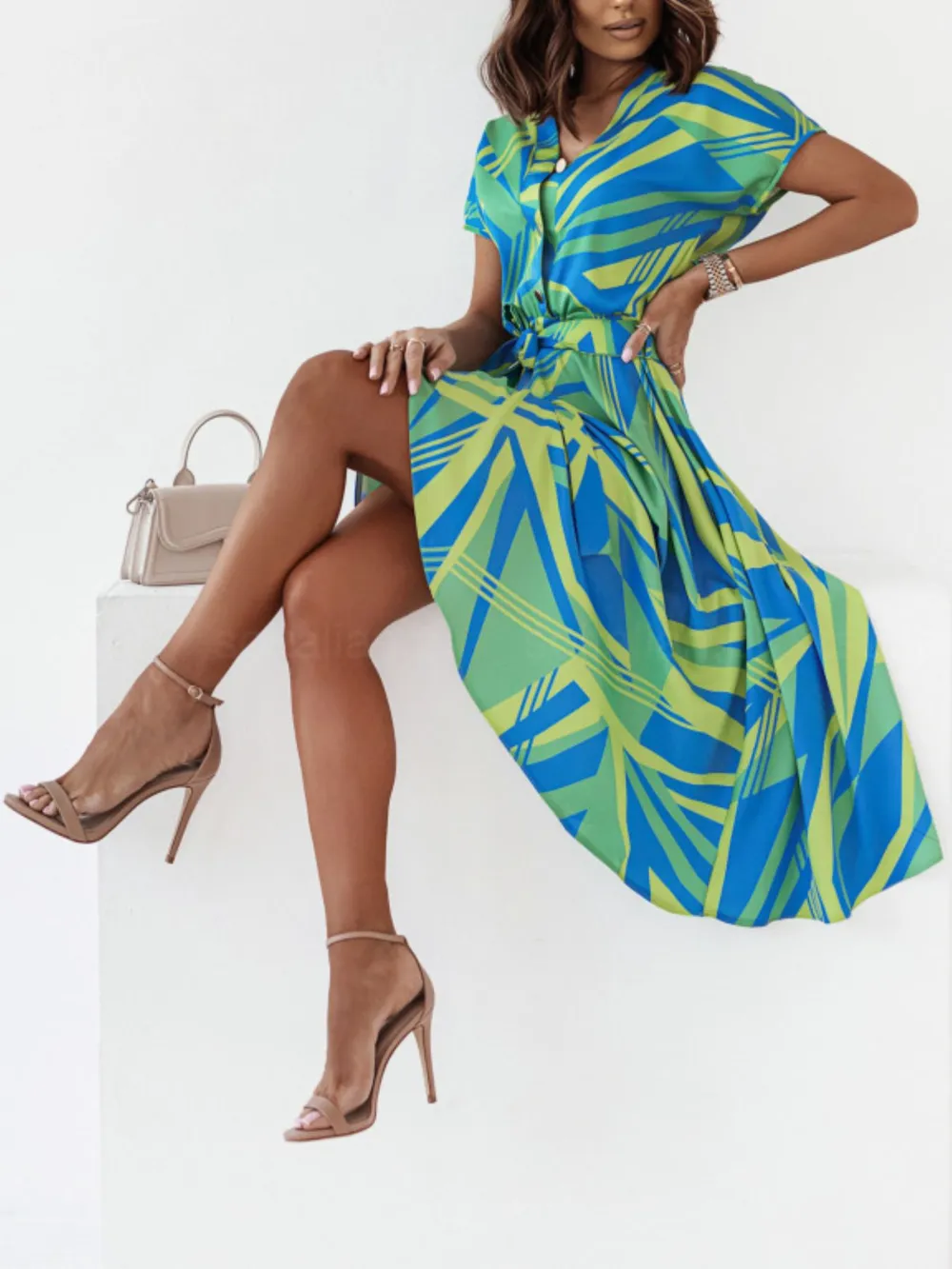 Printed Button Front Midi Dress with Belt, image 4