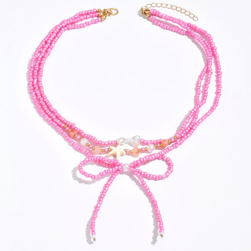 Beaded Three-Layered Necklace with Bow and Starfish Charms, image 6