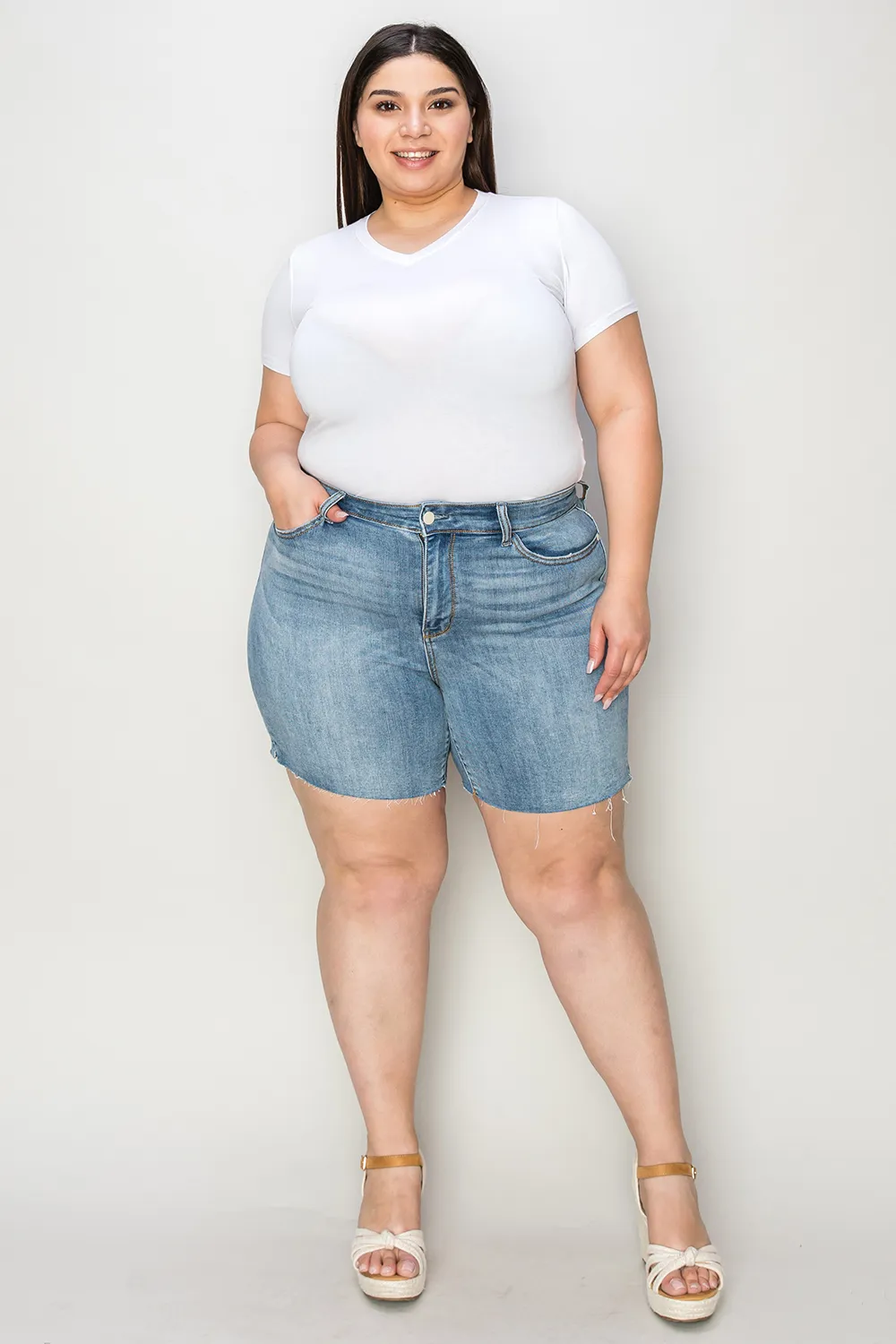Full Size High Waist Raw Hem Denim Shorts, image 10