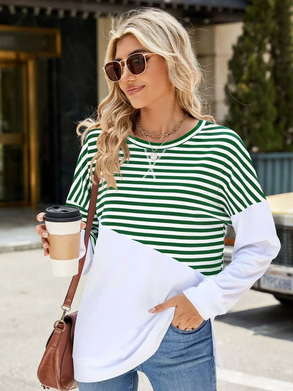 Slit Contrast Striped Long Sleeve Sweatshirt, image 17