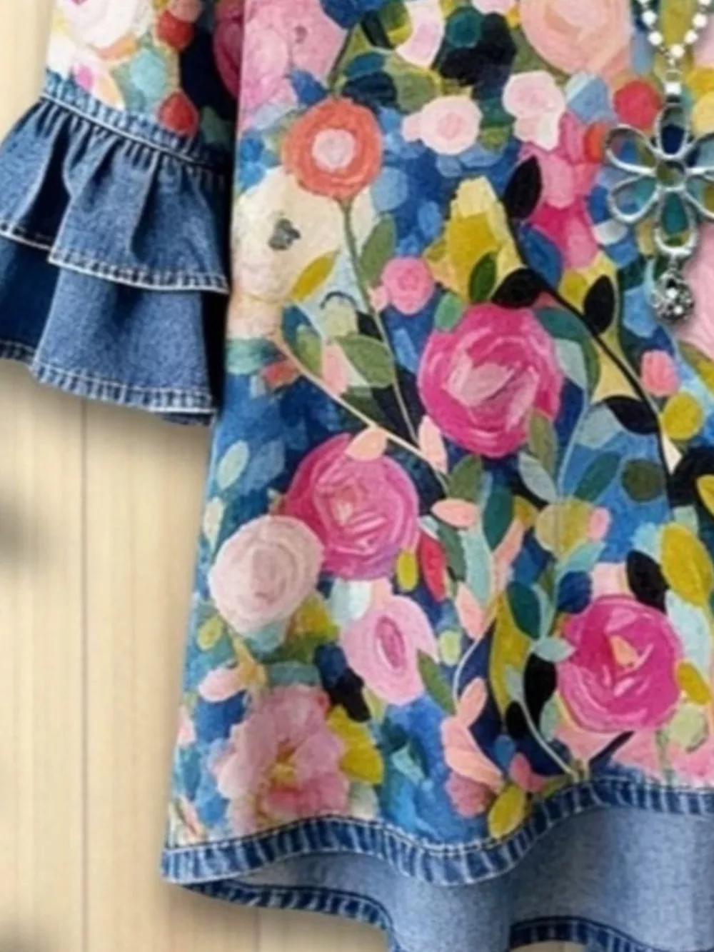 Full Size Floral Print Ruffle Trim Denim Top Plus Size, image 3