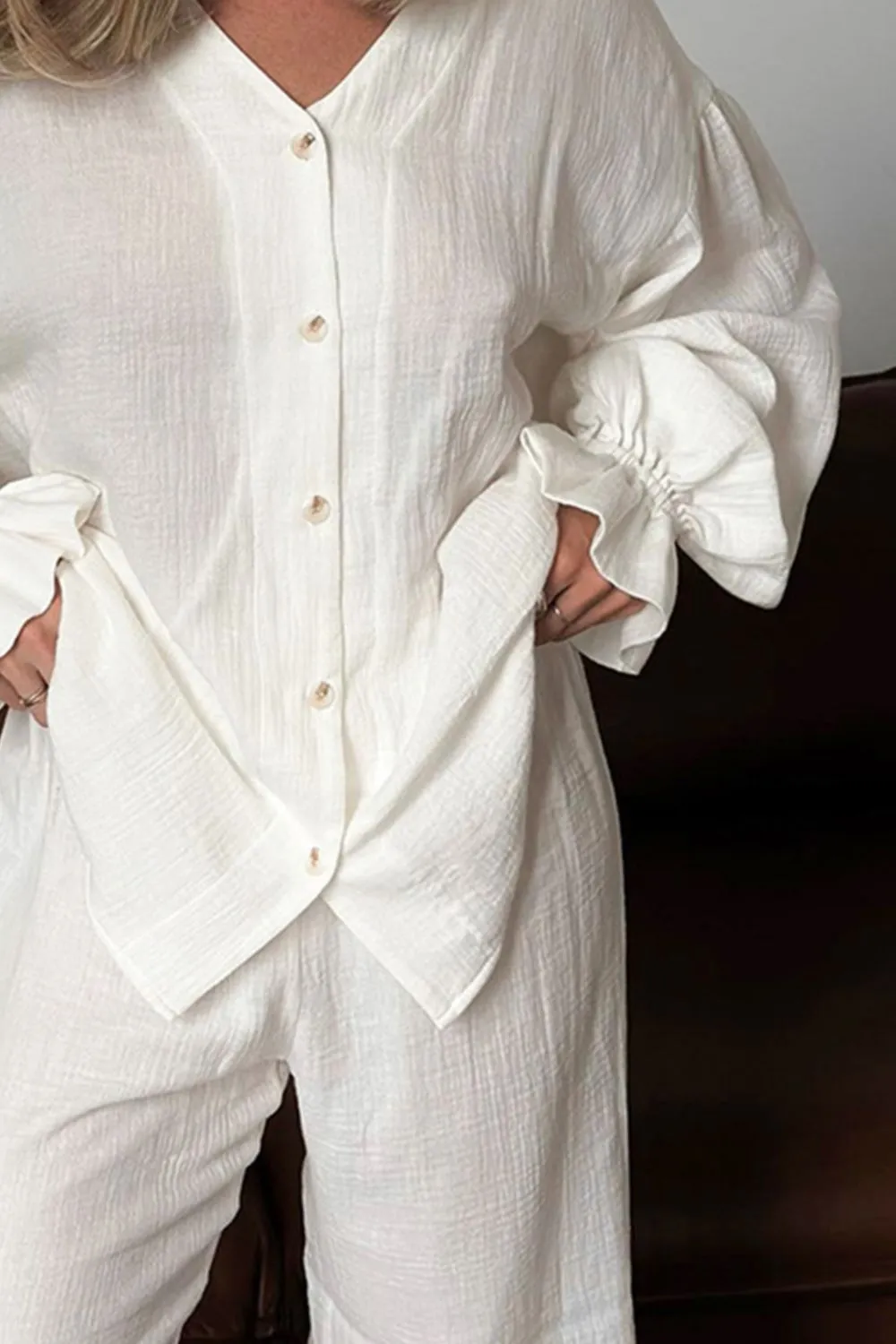 Breathable Ruffled V-Neck Long Sleeve Top and Pants Set, image 5