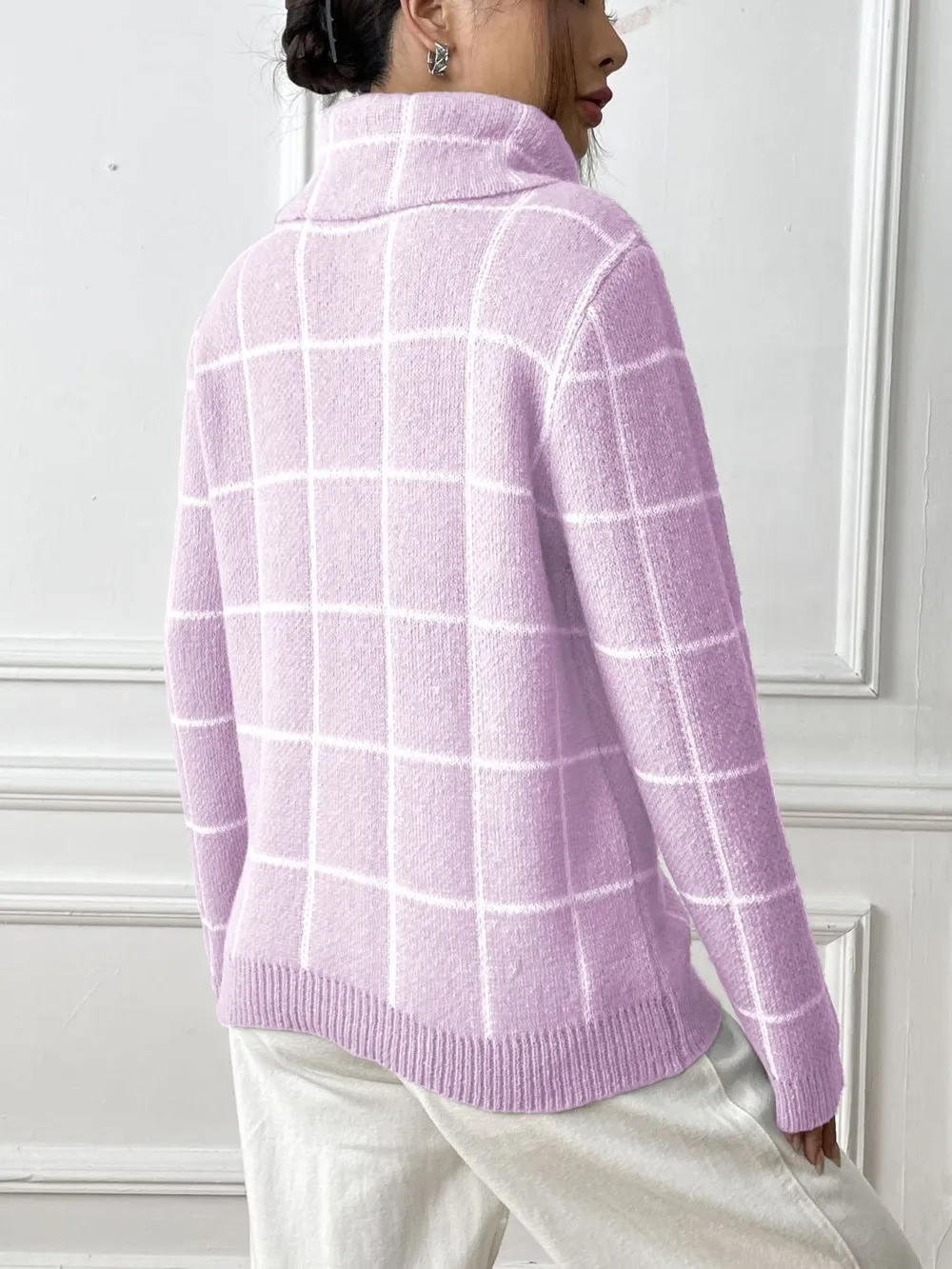 Heart Plaid Turtleneck Long Sleeve Sweater, image 14