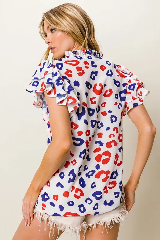 Leopard Notched Ruffled Cap Sleeve Blouse, image 5