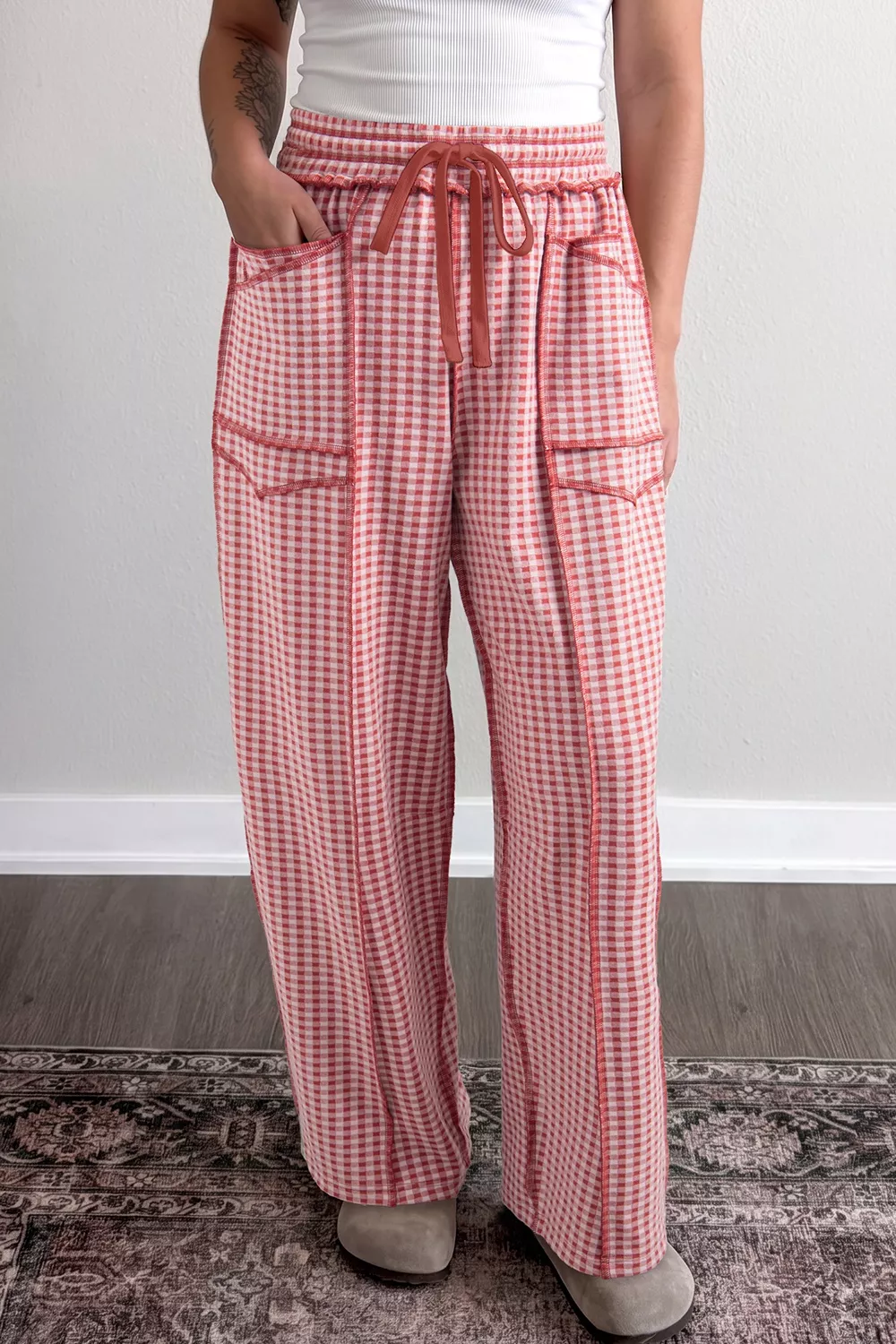 Gingham High-Waisted Drawstring Wide-Leg Pants, image 3