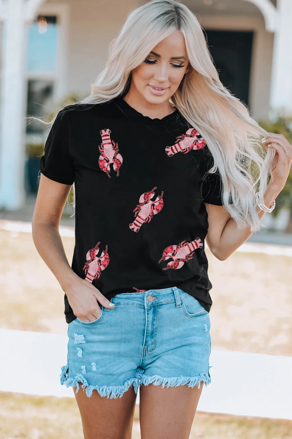 Lobster Print Round Neck Short Sleeve T-Shirt, image 2
