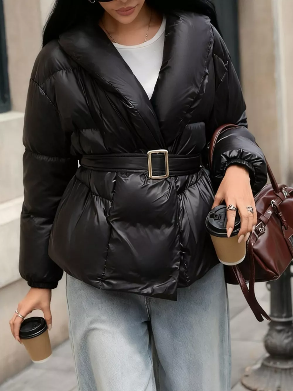 Long Sleeve Belted Puffer Jacket, image 5
