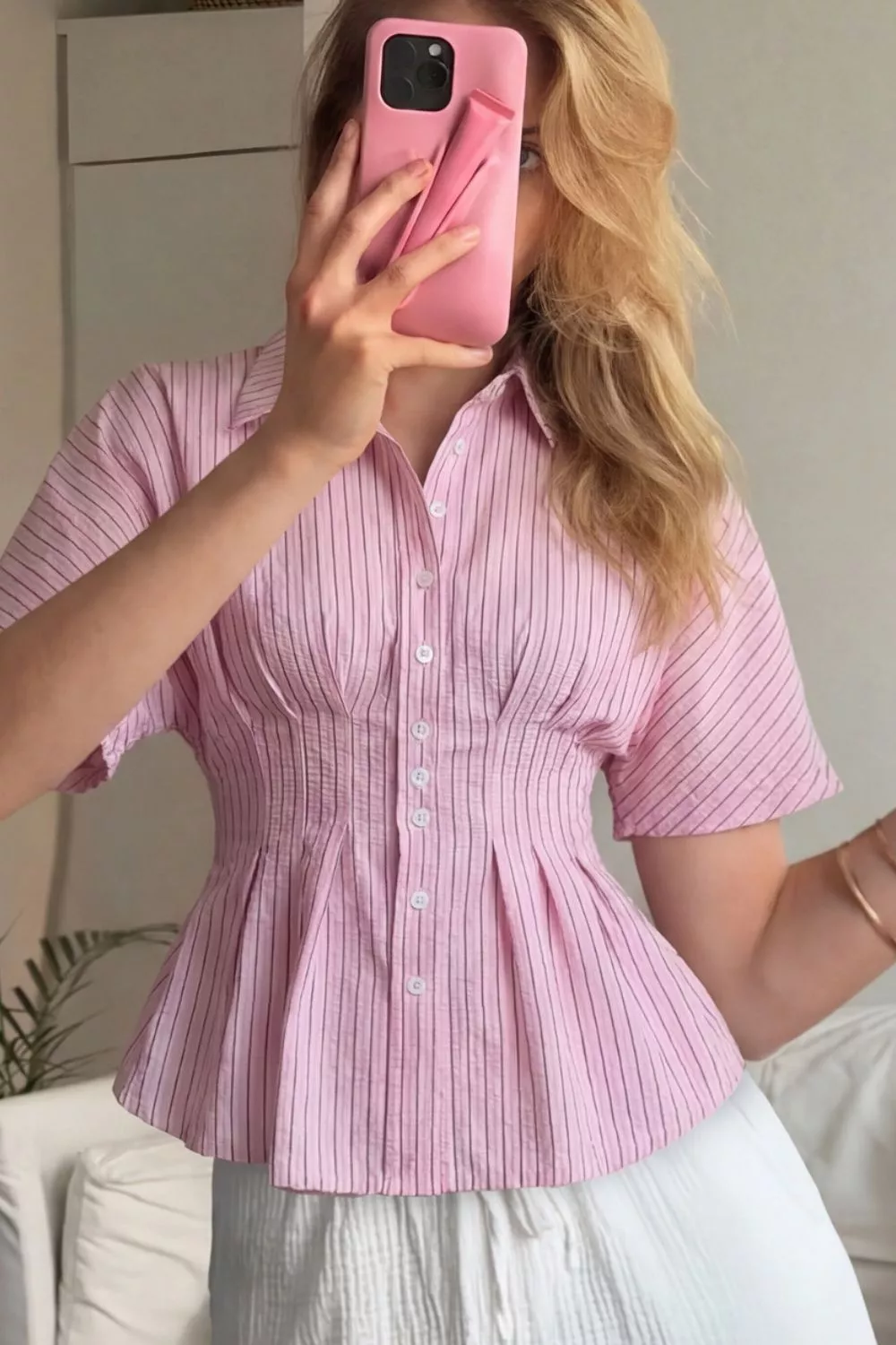 Striped Peplum Button Up Shirt, image 6