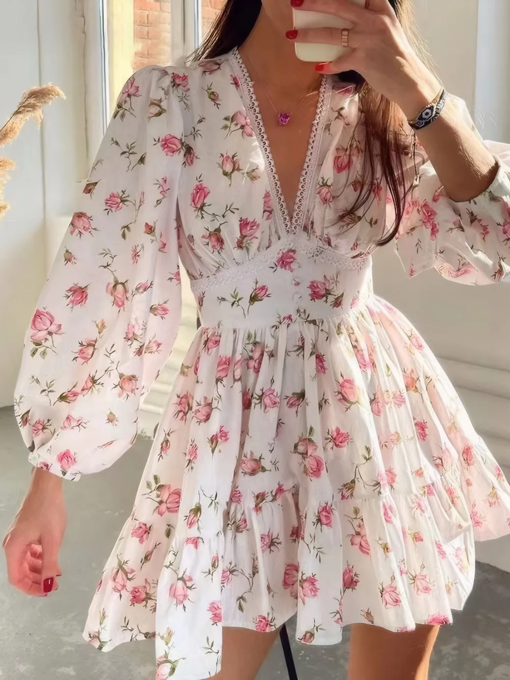 Full Size Floral Print Lace Detail V-Neck Mini Dress Plus SIze, image 2