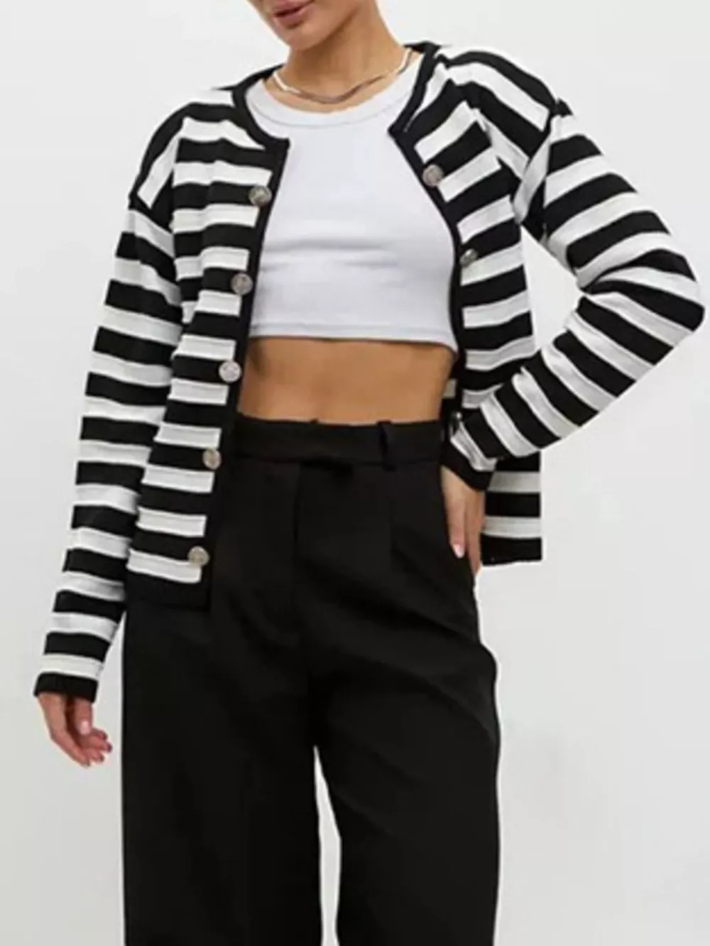 Striped Button-Down Knit Cardigan, image 3