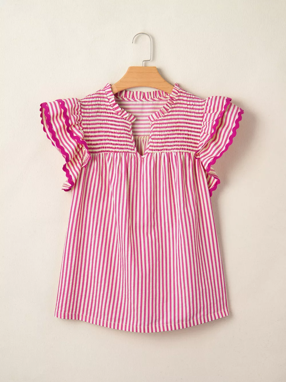 Stripe Shirred Yoke Ruffled Short Sleeve Blouse, image 7