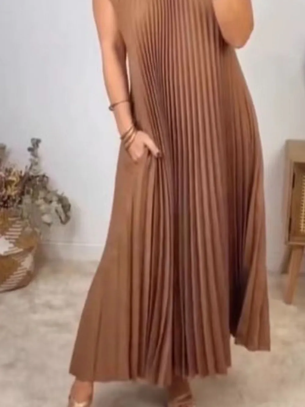 Full Size Pleated Round Neck Maxi Dress Plus Size, image 9