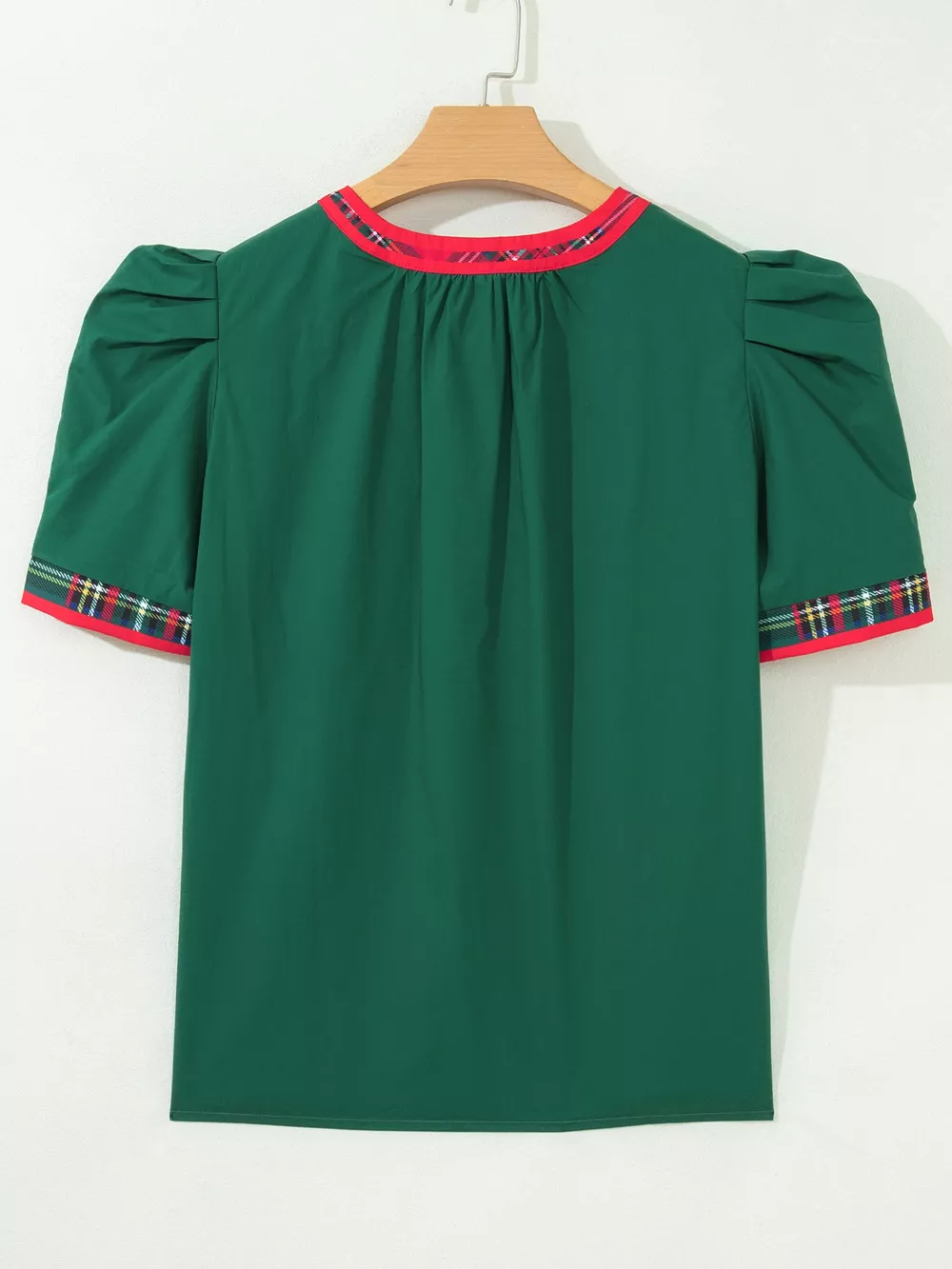 Plaid Trim V Neck Short Sleeve Shift Blouse, image 4