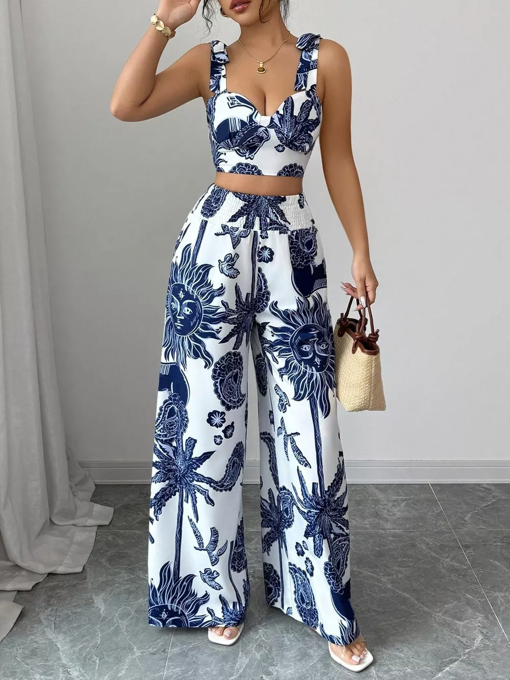 Floral Print Crop Top and Wide Leg Pants Set, image 5