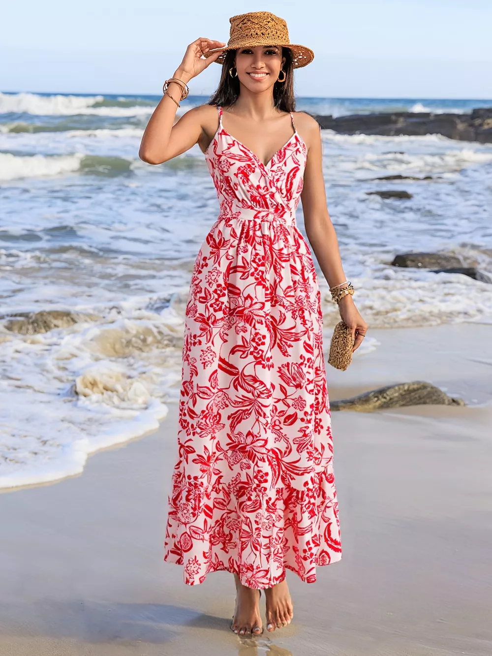 Printed Spaghetti Strap Midi Dress, image 3