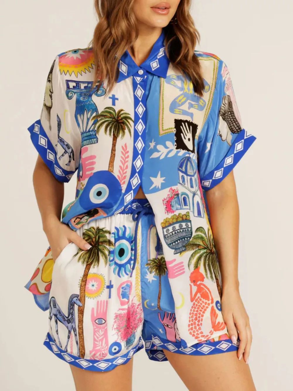 Printed Button-Down Shirt and Shorts Set