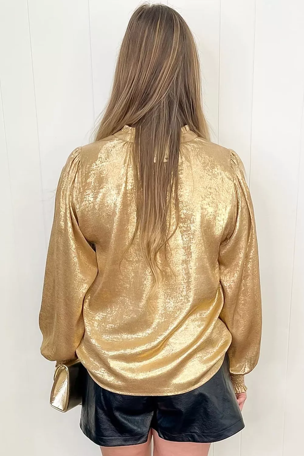 Metallic Sheen V Neck Gathered Cuff Long Sleeve Blouse, image 4