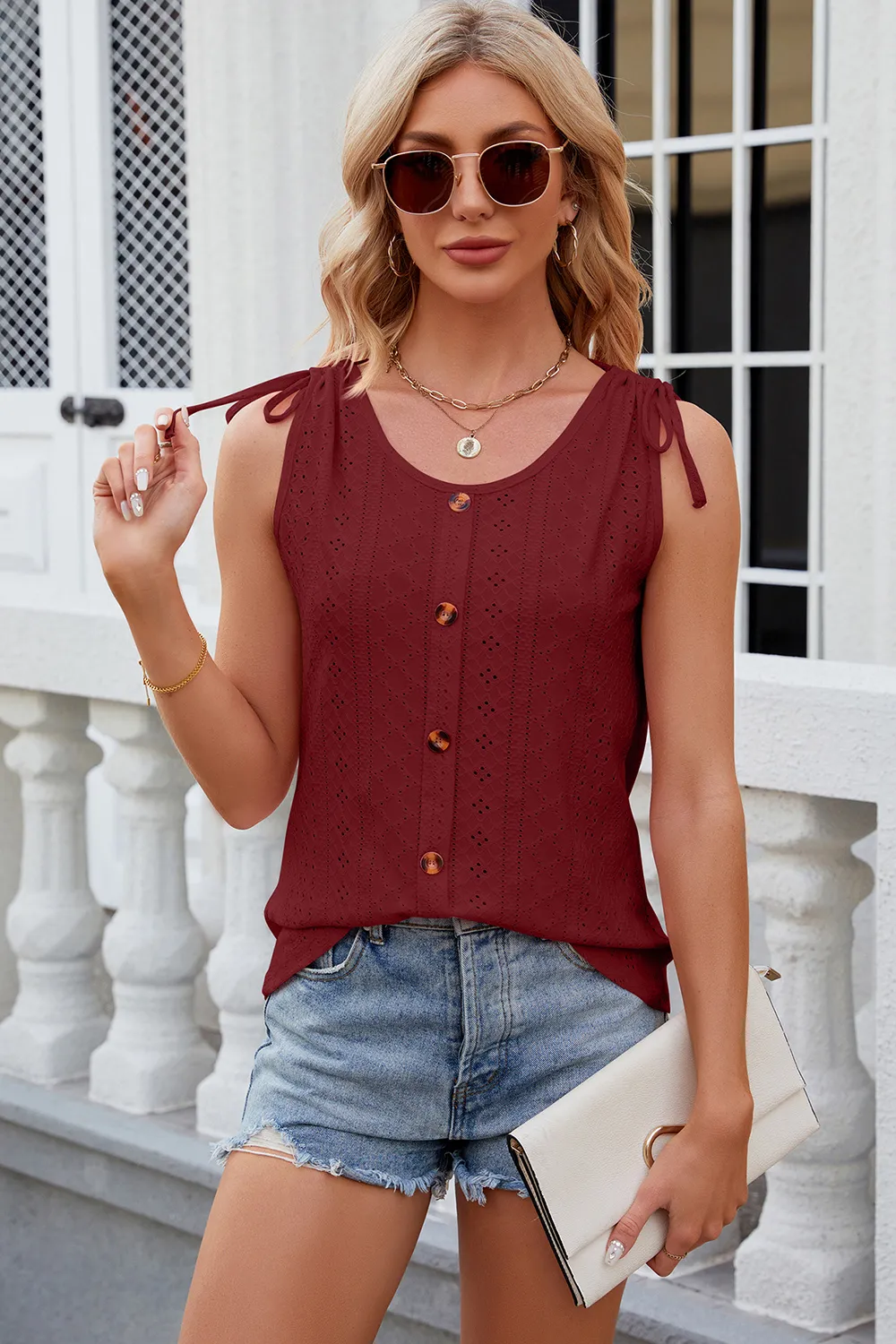 Eyelet Round Neck Wide Strap Tank, image 23