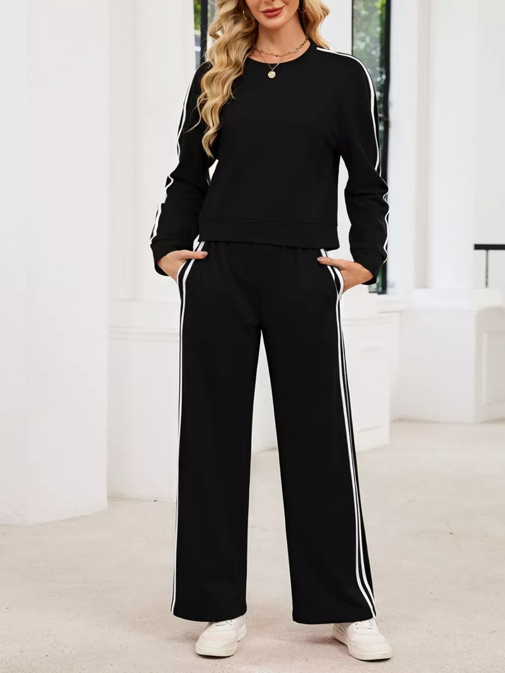 Striped Round Neck Sweatshirt and Pants Set, image 6
