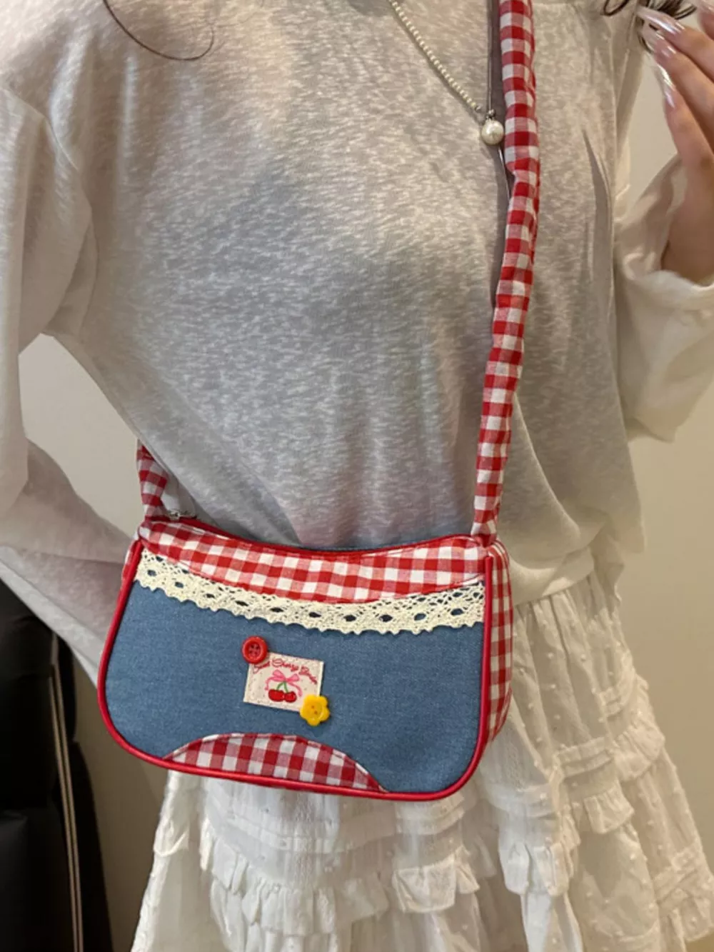 Cherry Plaid Strap Crossbody Bag, image 7