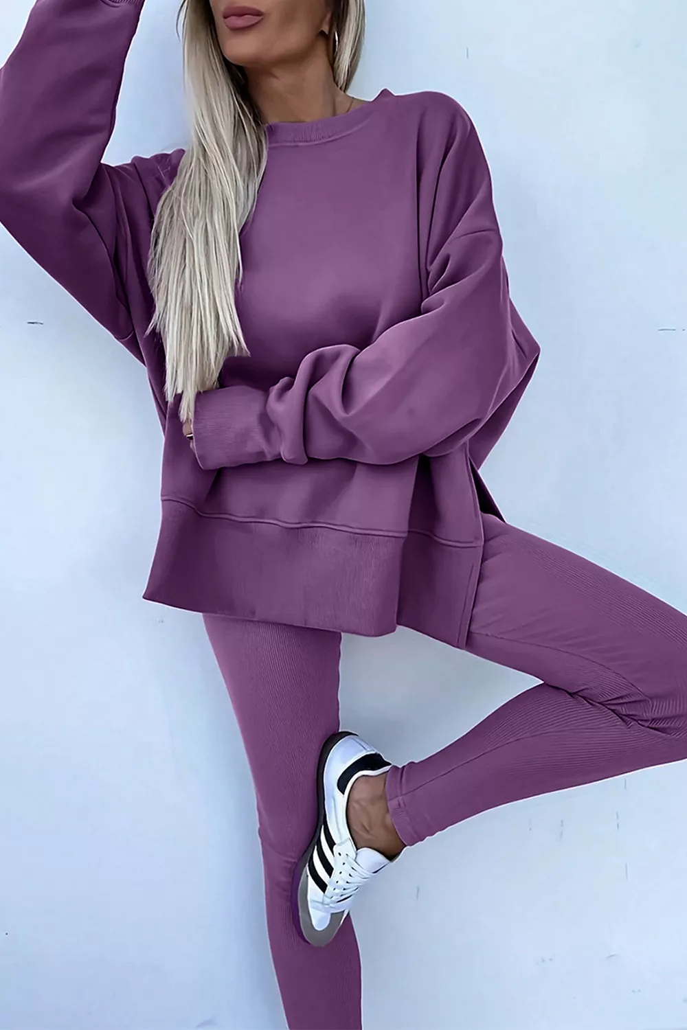 Side Slit Long Sleeve Sweatshirt and Pants Set, image 4