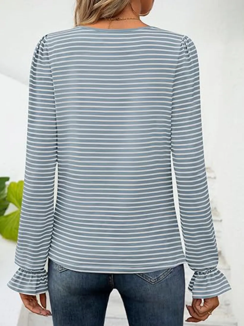 Striped Square Neck Flounce Sleeve Top, image 14
