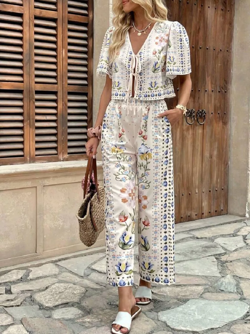 Floral Print Tie-Front Top and Pants Set, image 2