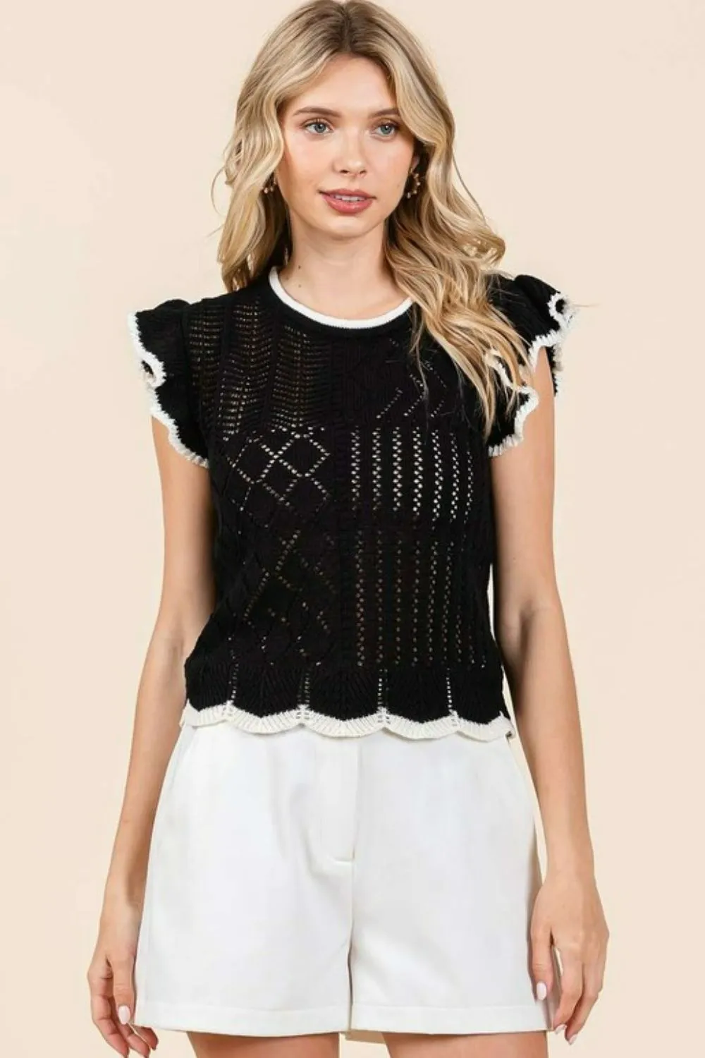 Openwork Contrast Trim Ruffled Cap Sleeve Knit Top, image 3