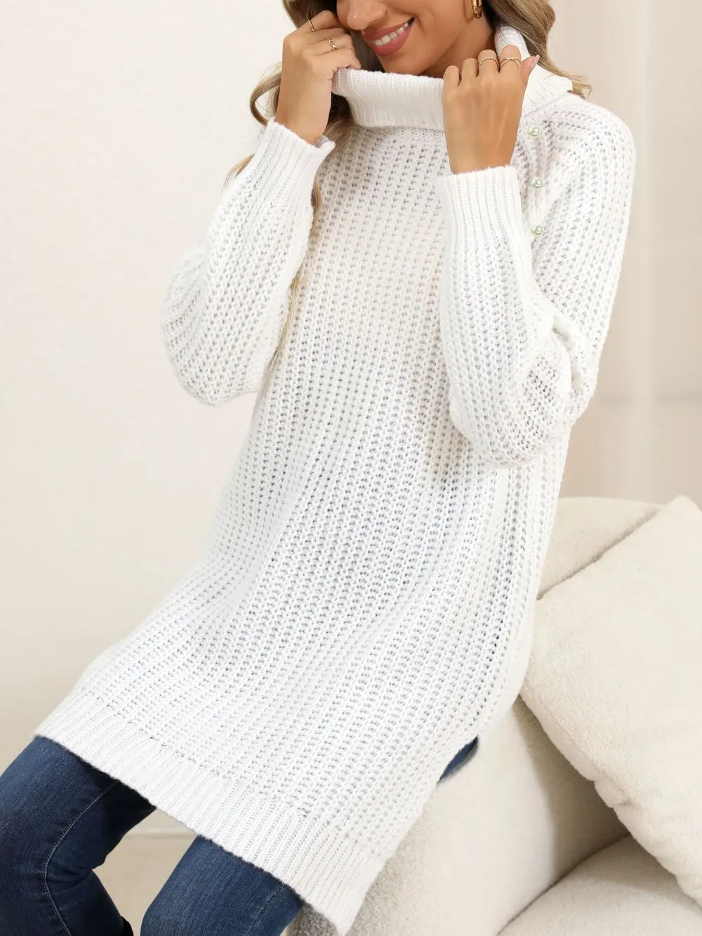 Slit Turtleneck Long Sleeve Sweater, image 7