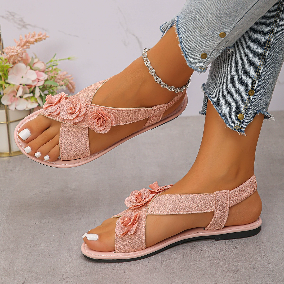 Floral Embellished Elastic Slingback Sandals, image 4