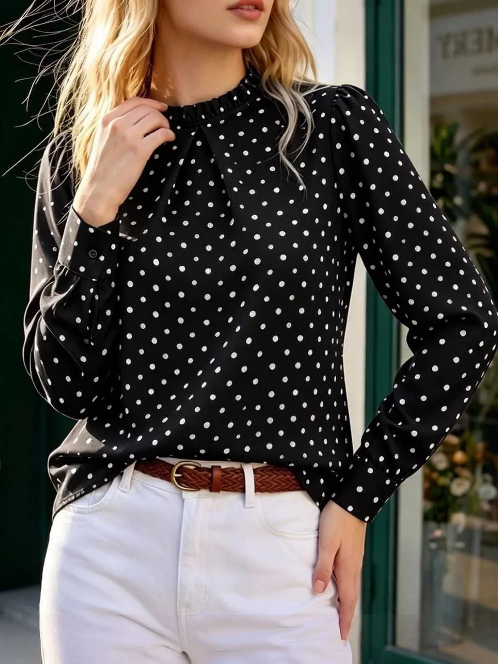 Elegant Polka Dot Print Mock Neck Long Sleeve Blouse, image 4