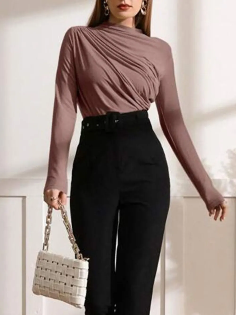 Mock Neck Ruched Long Sleeve T-Shirt