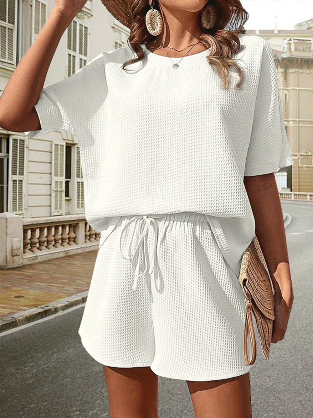 Waffle-Knit Half Sleeve Top and Shorts Set, image 9
