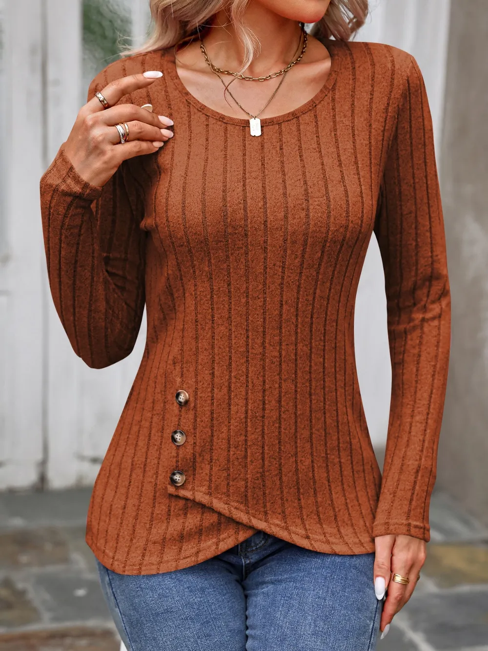 Decorative Button Round Neck Long Sleeve T-Shirt, image 15