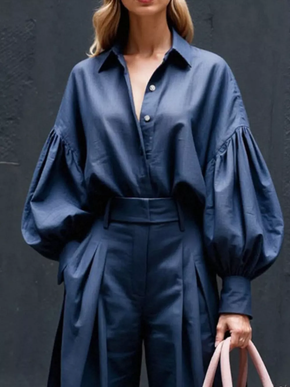 Lantern Sleeve Shirt and Wide Leg Pants Set, image 8