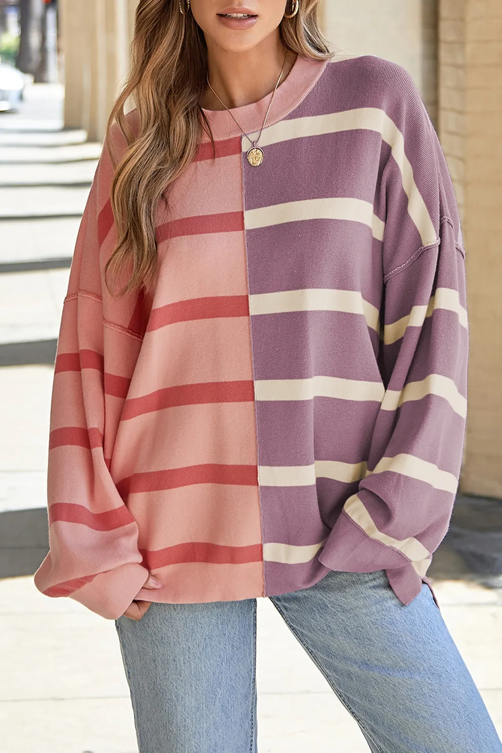 Striped Round Neck Long Sleeve Knit Top, image 7