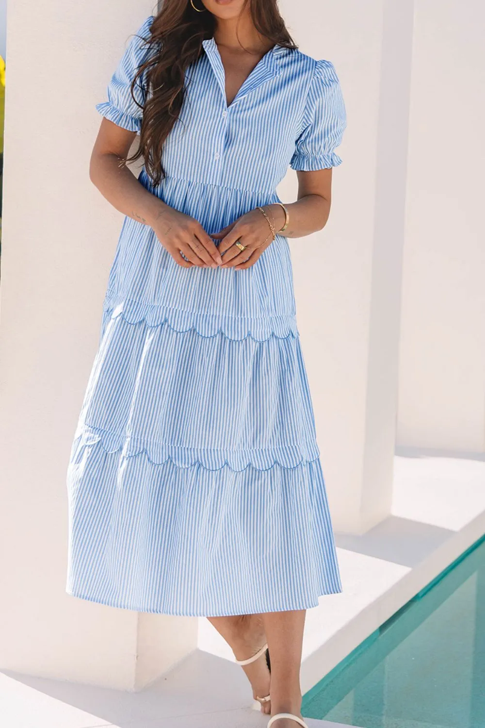 Stripe Bubble Short Sleeve Tiered Scallop Midi Dress, image 4