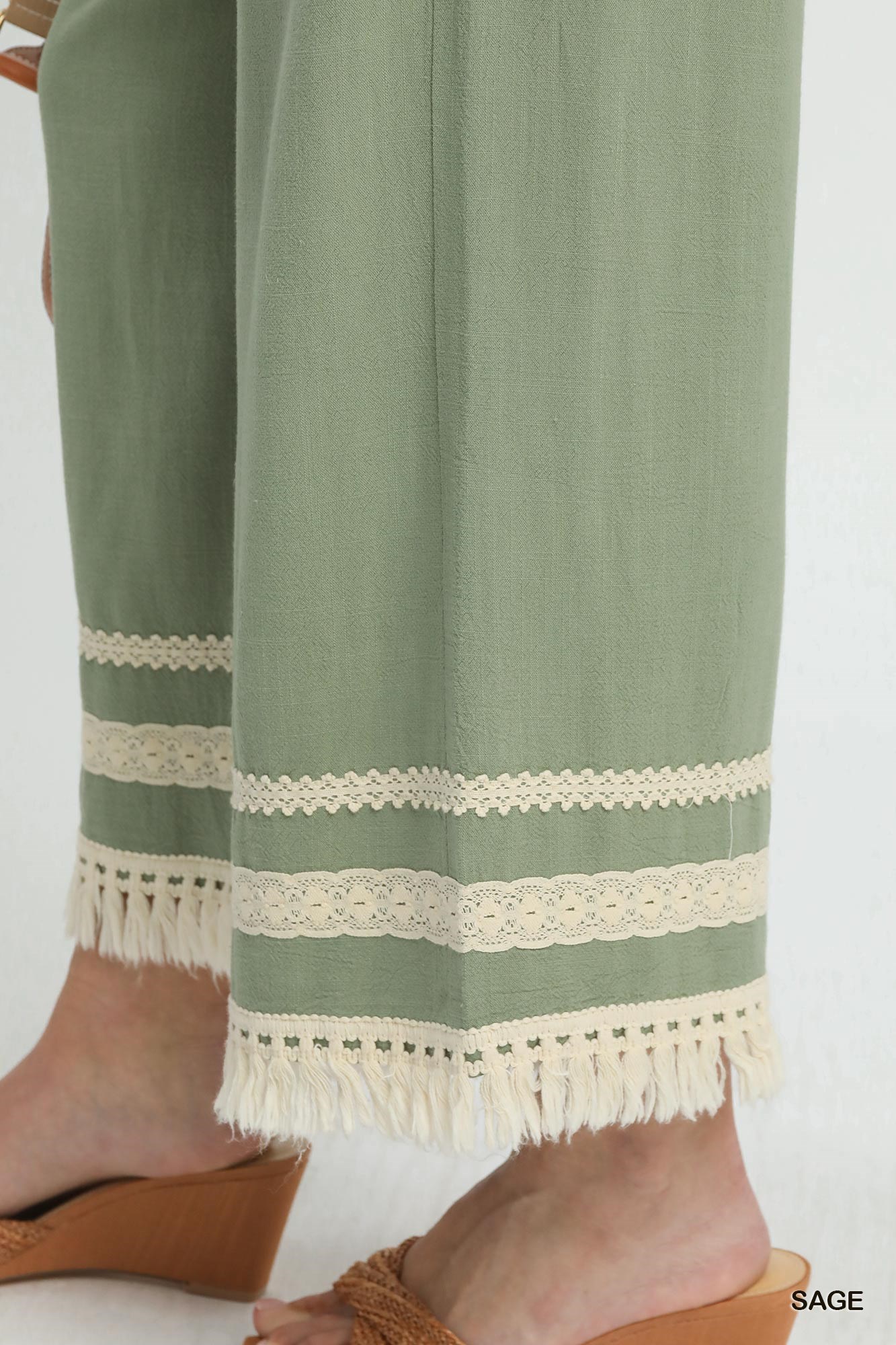 Lace Trim Fringe Hem Wide Leg Pants, image 3