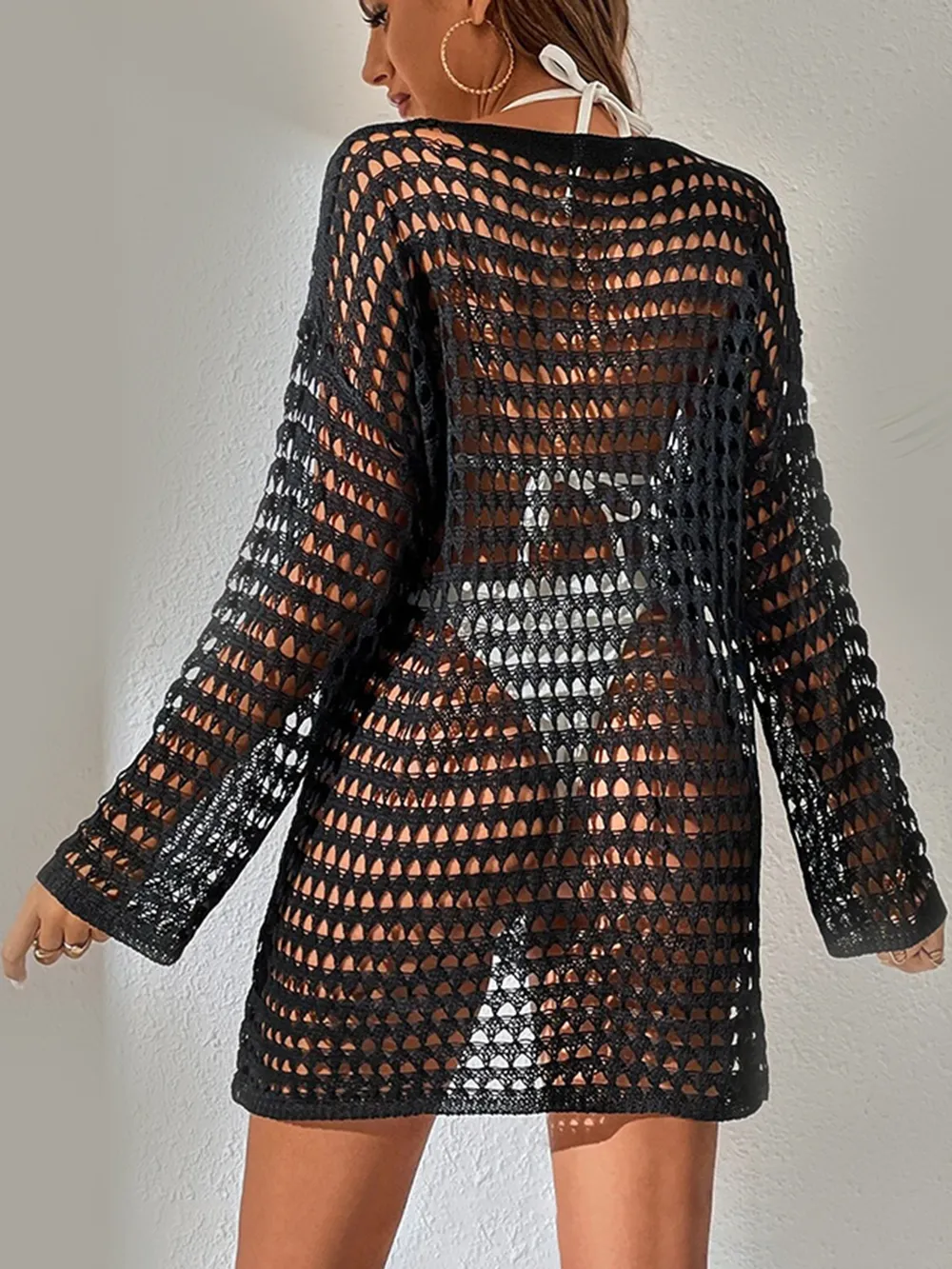 Openwork Boat Neck Long Sleeve Cover-Up, image 10