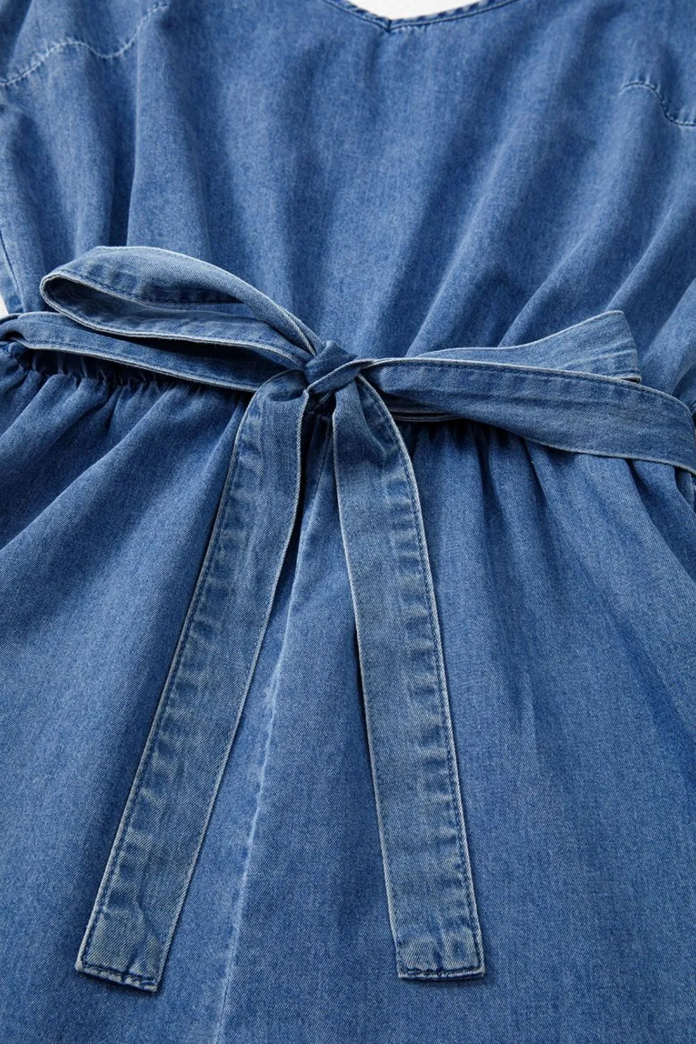 Spaghetti Straps V Neck Belted Ruffled Leg Chambray Romper, image 5