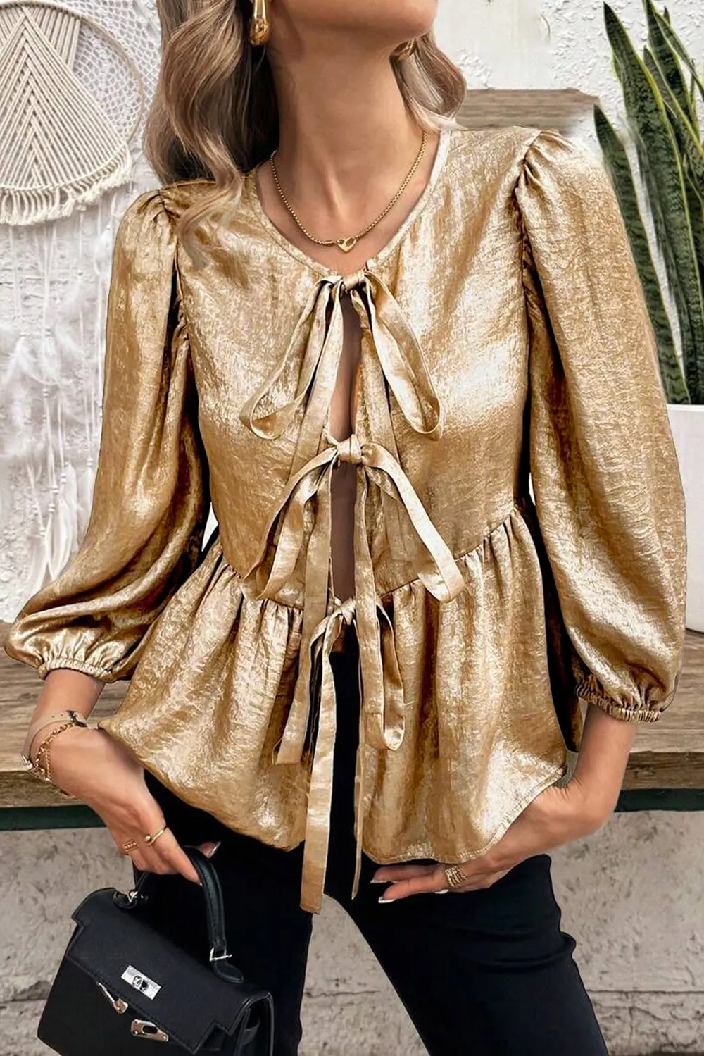 Tied Peplum Three-Quarter Sleeve Blouse, image 5