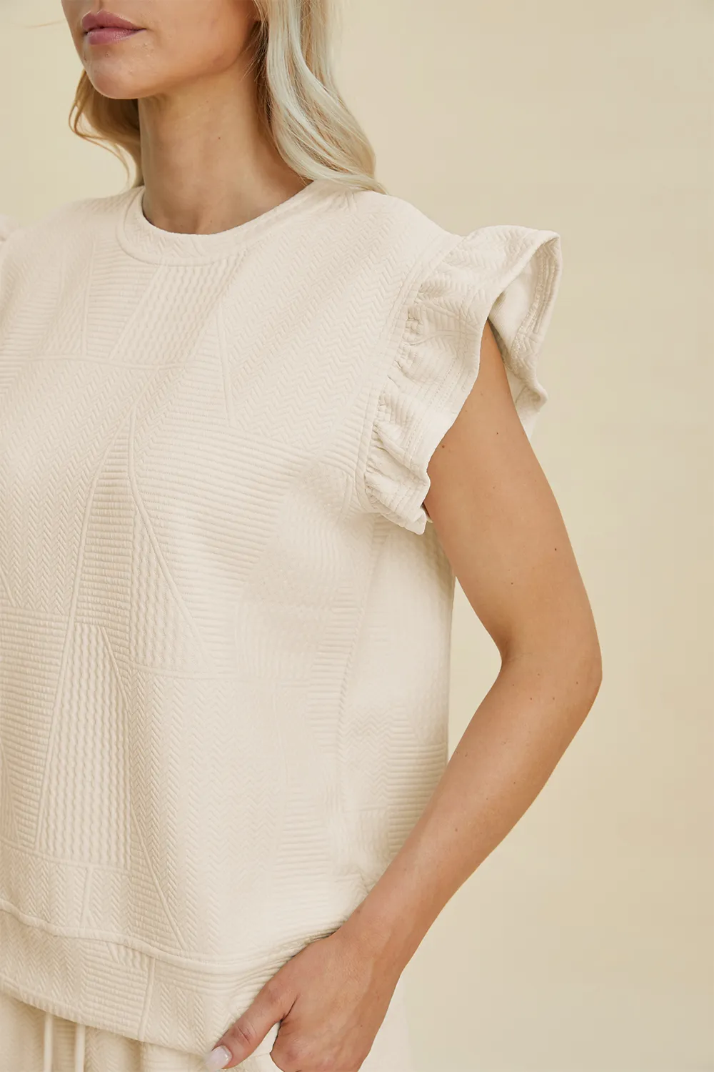 Full Size Texture Round Neck Ruffle Sleeve Top and Shorts Set, image 11