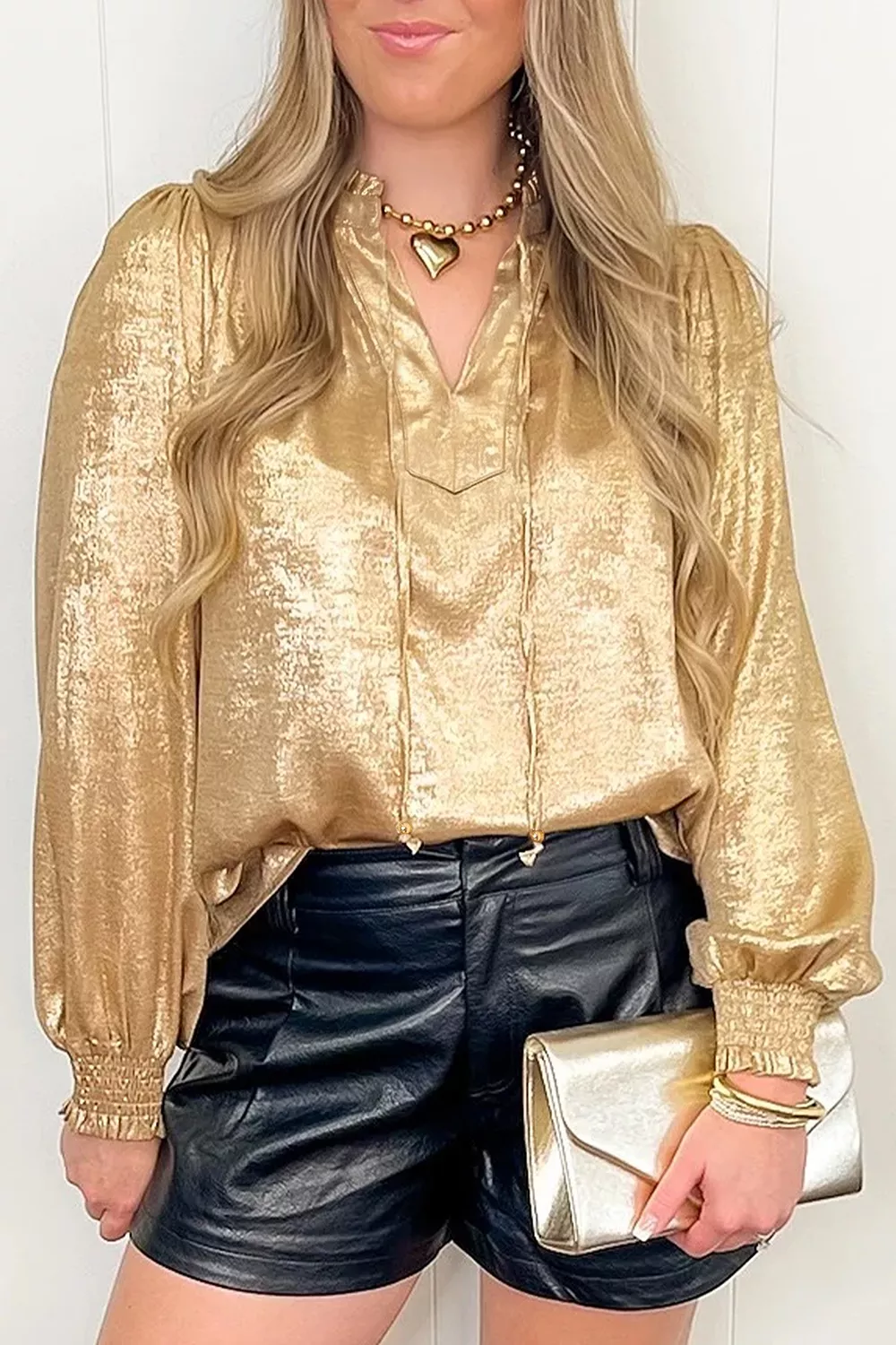 Metallic Sheen V Neck Gathered Cuff Long Sleeve Blouse, image 3