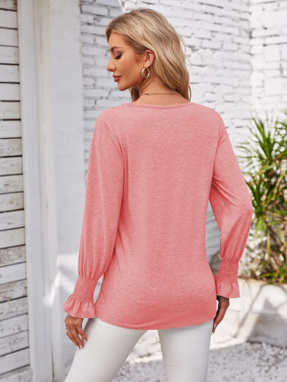 Smocked V-Neck Long Sleeve Blouse, image 10