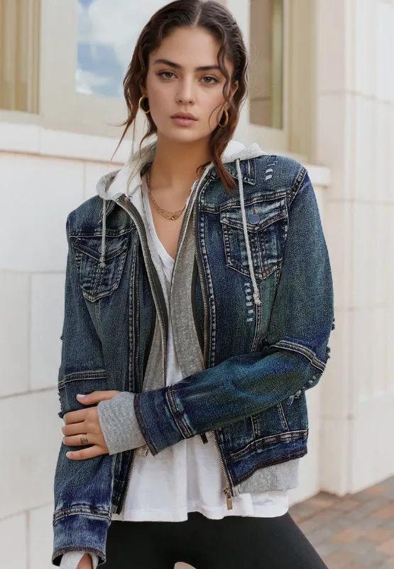 Fake Two-Piece Hooded Zip-Up Denim Jacket, image 10