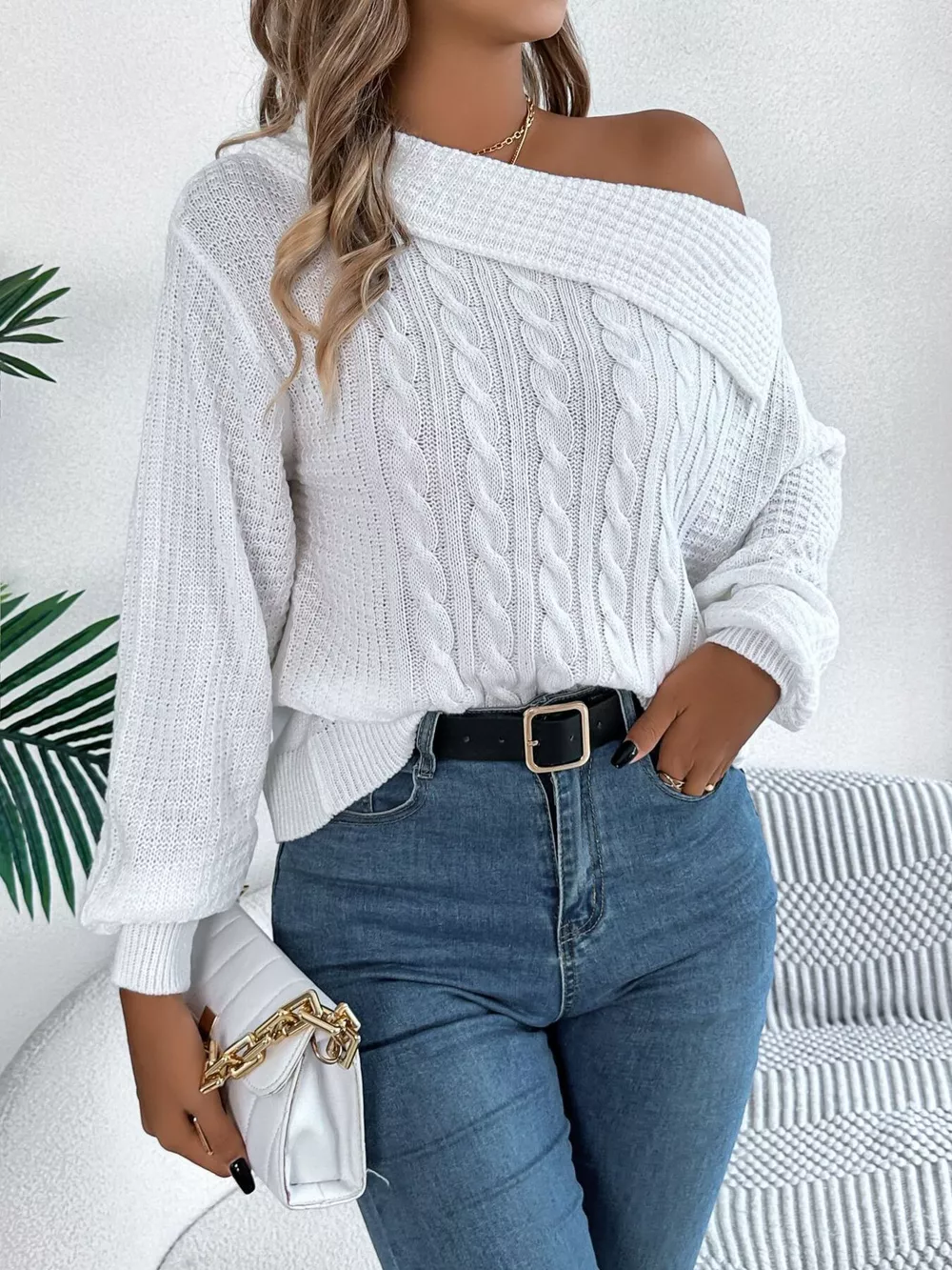 One Shoulder Cable Knit Sweater, image 5
