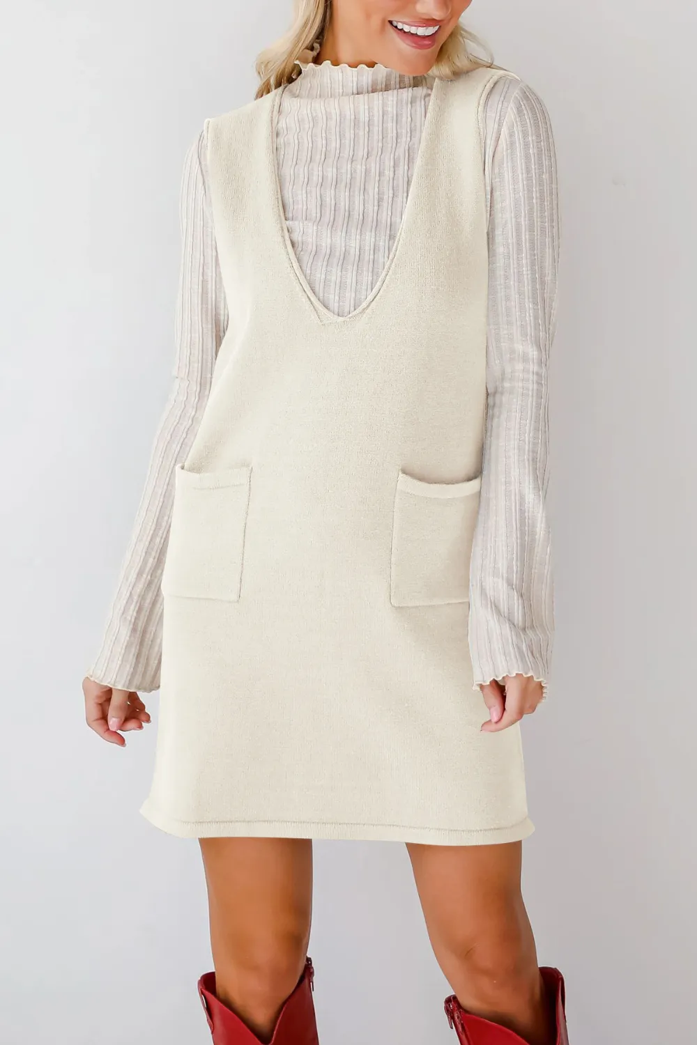 Pocketed V-Neck Mini Sweater Overall Dress