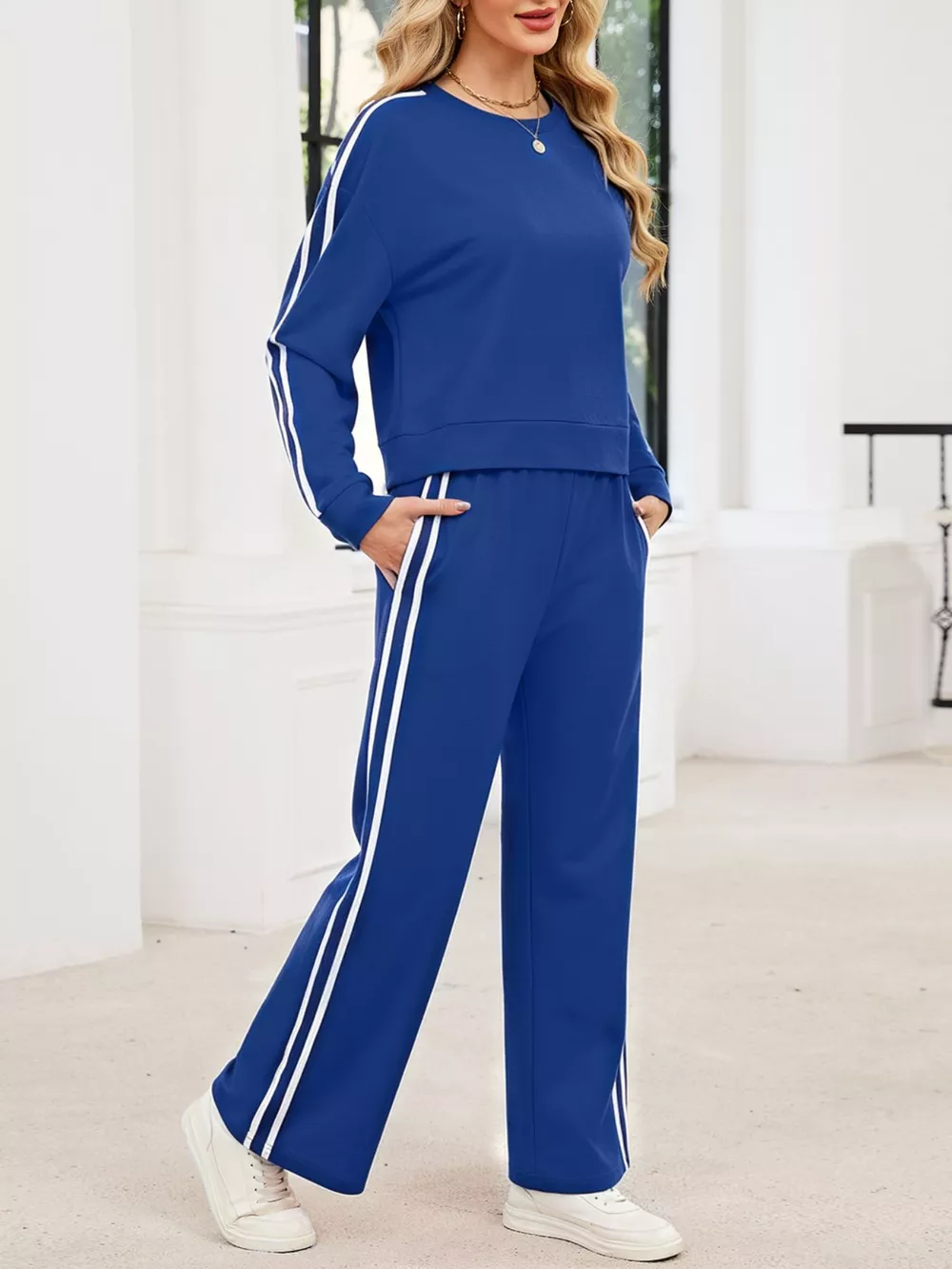 Striped Round Neck Sweatshirt and Pants Set, image 18
