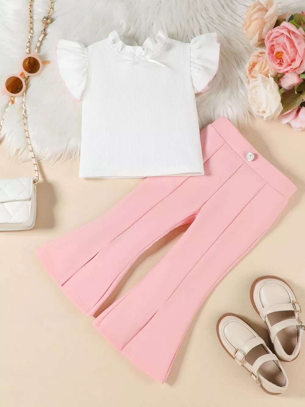 Children's Ruffle Trim Top and Flare Leg Pants Set, image 3